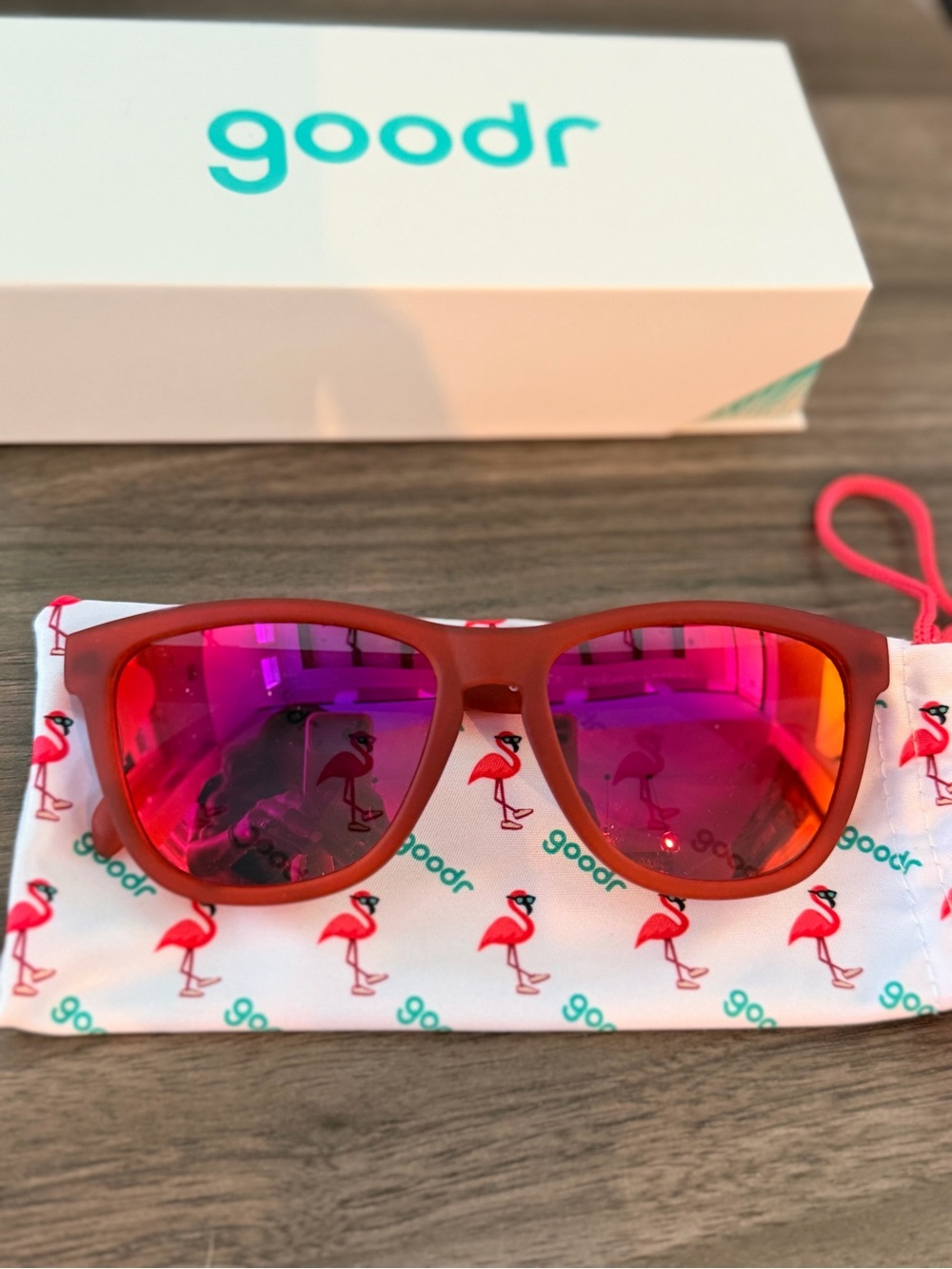 goodr Women’s Red Frame Sunglasses with Pink Mirrored Lenses